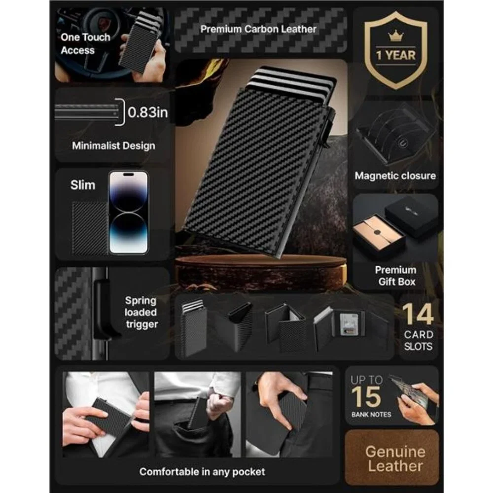 Mens Wallet Card Holder Pop Up Aluminum Case Genuine Leather RFID Blocking